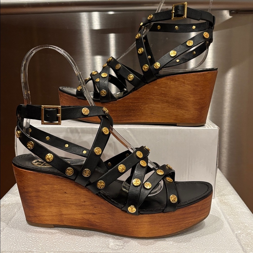 Tory Burch Women's Black Leather Studded Wedge Sandals - Picture 4 of 12